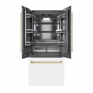 ZLINE Autograph Edition 36 in. 19.6 cu. ft. French Door Built-In Bottom Freezer Refrigerator with Water Dispenser and Ice Maker in White Matte with Graphite Gray Interior and Champagne Bronze Accents (GRBIVZ-WM-36-CB) front, open.