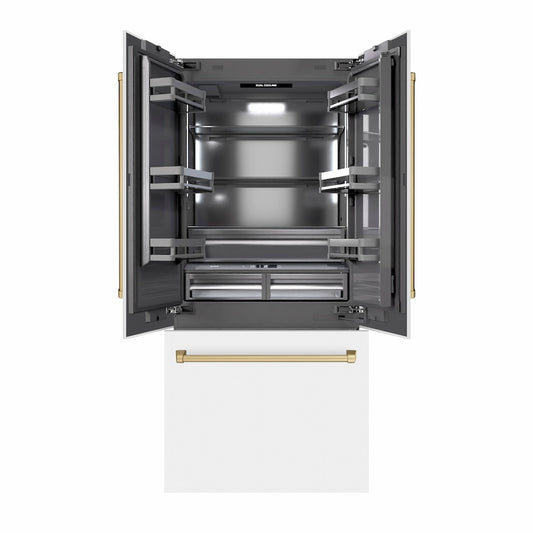 ZLINE Autograph Edition 36 in. 19.6 cu. ft. French Door Built-In Bottom Freezer Refrigerator with Water Dispenser and Ice Maker in White Matte with Graphite Gray Interior and Champagne Bronze Accents (GRBIVZ-WM-36-CB) front, open.