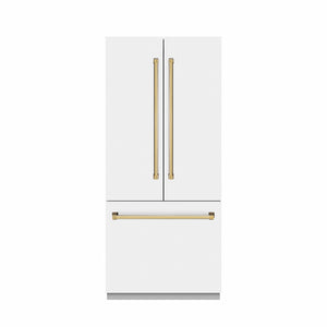 ZLINE Autograph Edition 36 in. 19.6 cu. ft. French Door Built-In Bottom Freezer Refrigerator with Water Dispenser and Ice Maker in White Matte with Graphite Gray Interior and Polished Gold Accents (GRBIVZ-WM-36-G) front, closed.