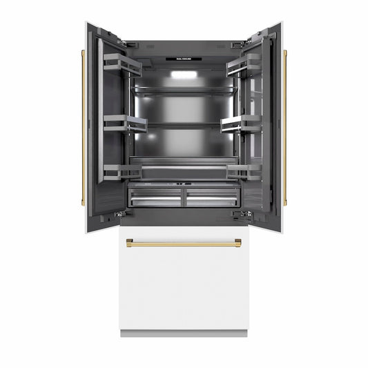 ZLINE Autograph Edition 36 in. 19.6 cu. ft. French Door Built-In Bottom Freezer Refrigerator with Water Dispenser and Ice Maker in White Matte with Graphite Gray Interior and Polished Gold Accents (GRBIVZ-WM-36-G) front, open.