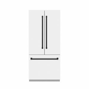 ZLINE Autograph Edition 36 in. 19.6 cu. ft. French Door Built-In Bottom Freezer Refrigerator with Water Dispenser and Ice Maker in White Matte with Graphite Gray Interior and Matte Black Accents (GRBIVZ-WM-36-MB) front, closed.