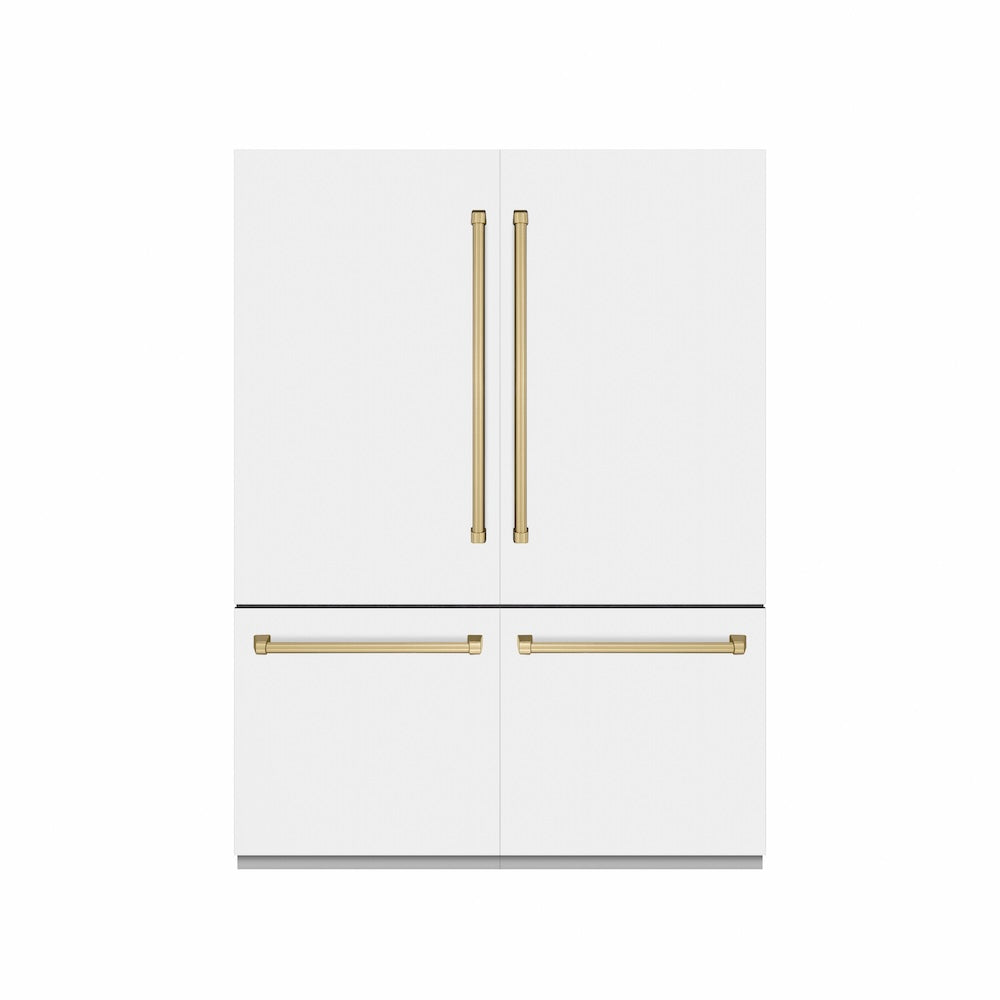 ZLINE Autograph Edition 60 in. 32.2 cu. ft. French Door Built-In Bottom Freezer Refrigerator with Water Dispenser and Ice Maker in White Matte with Graphite Gray Interior and Champagne Bronze Accents (GRBIVZ-WM-60-CB) front, closed.