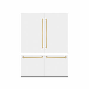 ZLINE Autograph Edition 60 in. 32.2 cu. ft. French Door Built-In Bottom Freezer Refrigerator with Water Dispenser and Ice Maker in White Matte with Graphite Gray Interior and Champagne Bronze Accents (GRBIVZ-WM-60-CB) front, closed.