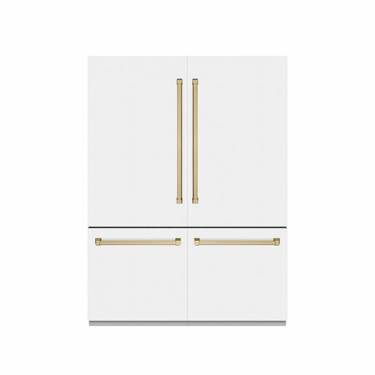 ZLINE Autograph Edition 60 in. 32.2 cu. ft. French Door Built-In Bottom Freezer Refrigerator with Water Dispenser and Ice Maker in White Matte with Graphite Gray Interior and Champagne Bronze Accents (GRBIVZ-WM-60-CB) front, closed.