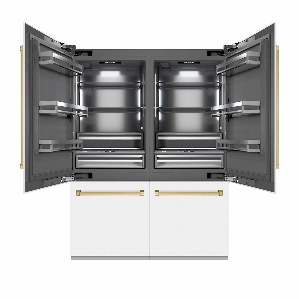 ZLINE Autograph Edition 60 in. 32.2 cu. ft. French Door Built-In Bottom Freezer Refrigerator with Water Dispenser and Ice Maker in White Matte with Graphite Gray Interior and Champagne Bronze Accents (GRBIVZ-WM-60-CB) front, refrigeration compartment open.