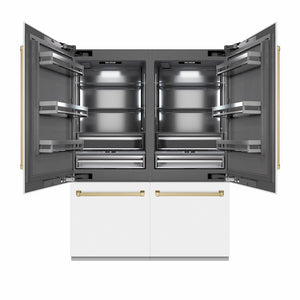 ZLINE Autograph Edition 60 in. 32.2 cu. ft. French Door Built-In Bottom Freezer Refrigerator with Water Dispenser and Ice Maker in White Matte with Graphite Gray Interior and Champagne Bronze Accents (GRBIVZ-WM-60-CB) front, refrigeration compartment open.