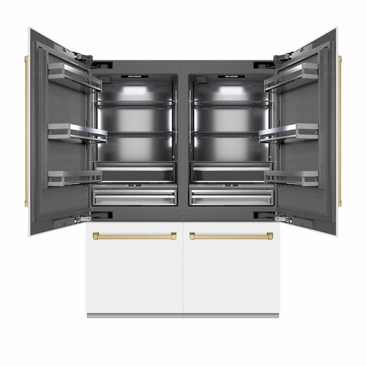 ZLINE Autograph Edition 60 in. 32.2 cu. ft. French Door Built-In Bottom Freezer Refrigerator with Water Dispenser and Ice Maker in White Matte with Graphite Gray Interior and Champagne Bronze Accents (GRBIVZ-WM-60-CB) front, refrigeration compartment open.