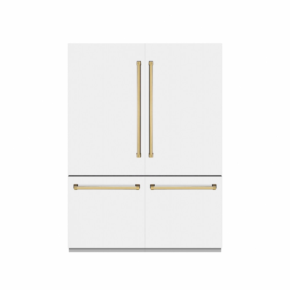 ZLINE Autograph Edition 60 in. 32.2 cu. ft. French Door Built-In Bottom Freezer Refrigerator with Water Dispenser and Ice Maker in White Matte with Graphite Gray Interior and Polished Gold Accents (GRBIVZ-WM-60-G) front, closed.