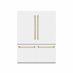 ZLINE Autograph Edition 60 in. 32.2 cu. ft. French Door Built-In Bottom Freezer Refrigerator with Water Dispenser and Ice Maker in White Matte with Graphite Gray Interior and Polished Gold Accents (GRBIVZ-WM-60-G) front, closed.