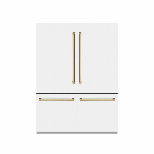 ZLINE Autograph Edition 60 in. 32.2 cu. ft. French Door Built-In Bottom Freezer Refrigerator with Water Dispenser and Ice Maker in White Matte with Graphite Gray Interior and Polished Gold Accents (GRBIVZ-WM-60-G) front, closed.