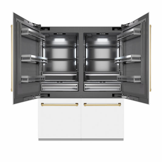 ZLINE Autograph Edition 60 in. 32.2 cu. ft. French Door Built-In Bottom Freezer Refrigerator with Water Dispenser and Ice Maker in White Matte with Graphite Gray Interior and Polished Gold Accents (GRBIVZ-WM-60-G) front, refrigeration compartment open.