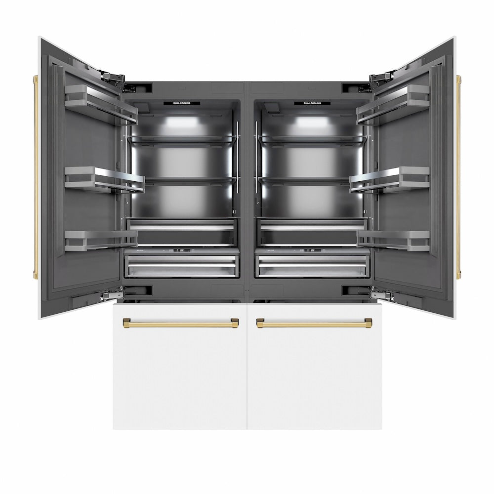 ZLINE Autograph Edition 60 in. 32.2 cu. ft. French Door Built-In Bottom Freezer Refrigerator with Water Dispenser and Ice Maker in White Matte with Graphite Gray Interior and Polished Gold Accents (GRBIVZ-WM-60-G) front, refrigeration compartment and bottom freezer open.