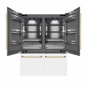 ZLINE Autograph Edition 60 in. 32.2 cu. ft. French Door Built-In Bottom Freezer Refrigerator with Water Dispenser and Ice Maker in White Matte with Graphite Gray Interior and Polished Gold Accents (GRBIVZ-WM-60-G) front, refrigeration compartment and bottom freezer open.