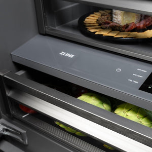 ZLINE Autograph Edition 60 in. 32.2 cu. ft. French Door Built-In Bottom Freezer Refrigerator with Water Dispenser and Ice Maker in White Matte with Graphite Gray Interior and Matte Black Accents (GRBIVZ-WM-60-MB) flex drawer detail.