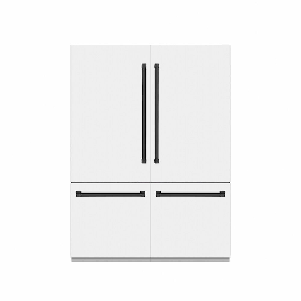ZLINE Autograph Edition 60 in. 32.2 cu. ft. French Door Built-In Bottom Freezer Refrigerator with Water Dispenser and Ice Maker in White Matte with Graphite Gray Interior and Matte Black Accents (GRBIVZ-WM-60-MB) front, closed.