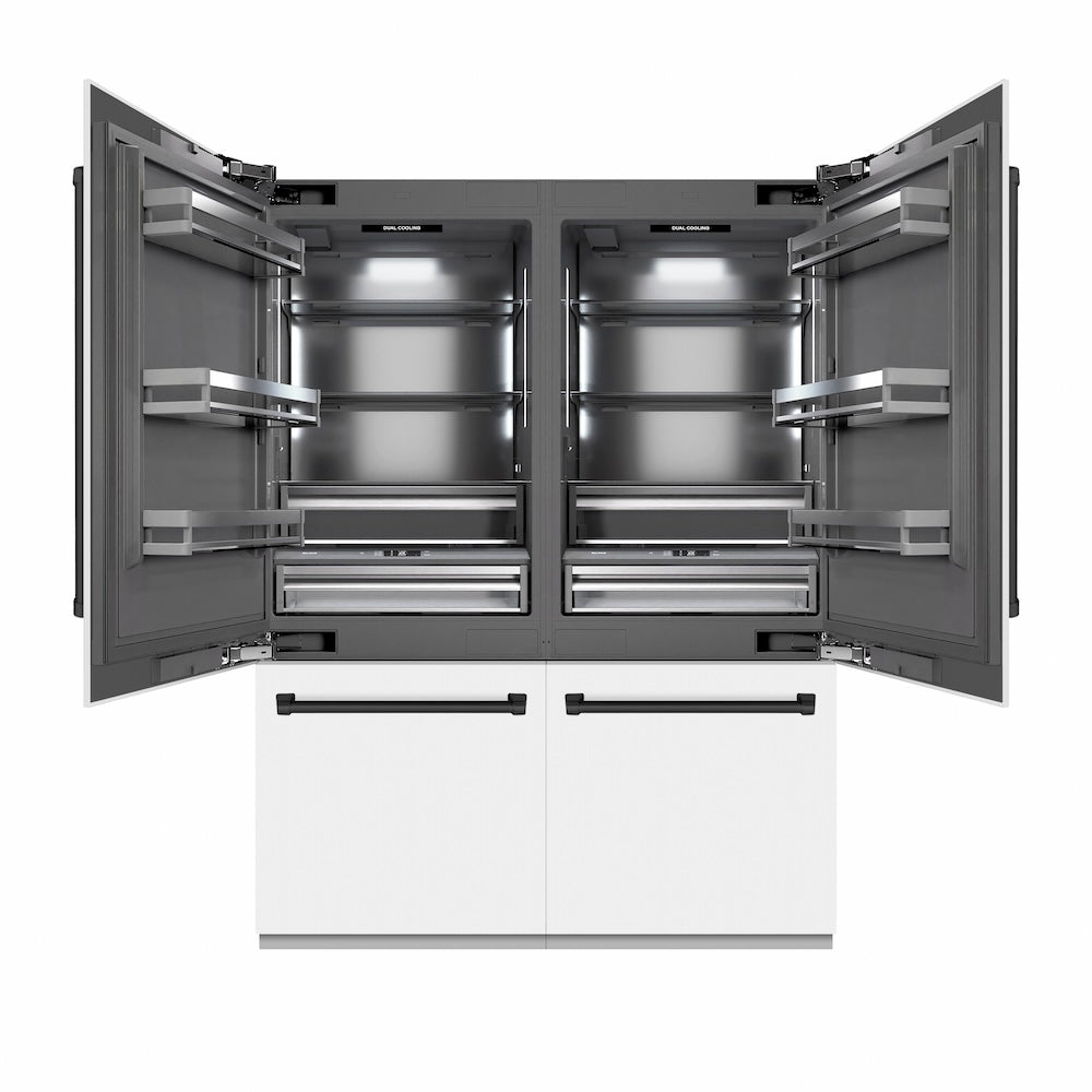 ZLINE Autograph Edition 60 in. 32.2 cu. ft. French Door Built-In Bottom Freezer Refrigerator with Water Dispenser and Ice Maker in White Matte with Graphite Gray Interior and Matte Black Accents (GRBIVZ-WM-60-MB) front, refrigeration compartment open.