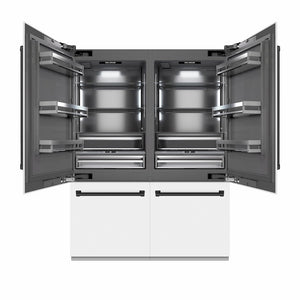 ZLINE Autograph Edition 60 in. 32.2 cu. ft. French Door Built-In Bottom Freezer Refrigerator with Water Dispenser and Ice Maker in White Matte with Graphite Gray Interior and Matte Black Accents (GRBIVZ-WM-60-MB) front, refrigeration compartment open.