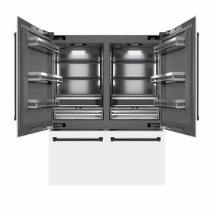 ZLINE Autograph Edition 60 in. 32.2 cu. ft. French Door Built-In Bottom Freezer Refrigerator with Water Dispenser and Ice Maker in White Matte with Graphite Gray Interior and Matte Black Accents (GRBIVZ-WM-60-MB) front, refrigeration compartment and bottom freezer open.