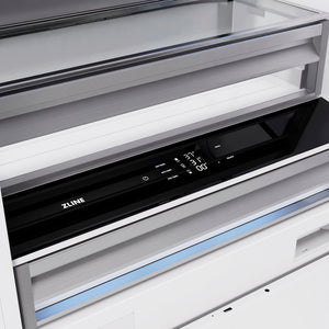 ZLINE 72 in. 39.6 cu. ft. French Door Built-In Bottom Freezer Refrigerator with Water Dispensers and Ice Makers in White Matte (RBIT-WM-72) close-up detail, touch control panel and display.