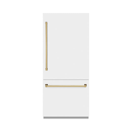 ZLINE Autograph Edition 36 in. 19.8 cu. ft. Built-In Bottom Freezer Refrigerator with Water Dispenser and Ice Maker in White Matte and Polished Gold Accents (RBITZ-WM-36-G) front, closed.