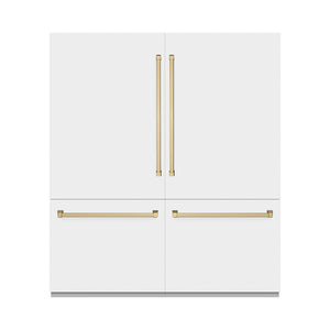 ZLINE Autograph Edition 72 in. 39.6 cu. ft. French Door Built-In Bottom Freezer Refrigerator with Water Dispensers and Ice Makers in White Matte and Champagne Bronze Accents (RBITZ-WM-72-CB) front, closed.