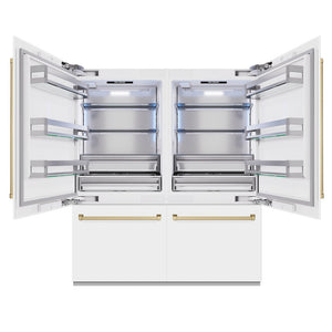 ZLINE Autograph Edition 72 in. 39.6 cu. ft. French Door Built-In Bottom Freezer Refrigerator with Water Dispensers and Ice Makers in White Matte and Champagne Bronze Accents (RBITZ-WM-72-CB) front, open.