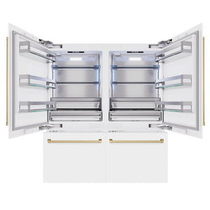 ZLINE Autograph Edition 72 in. 39.6 cu. ft. French Door Built-In Bottom Freezer Refrigerator with Water Dispensers and Ice Makers in White Matte and Champagne Bronze Accents (RBITZ-WM-72-CB) front, open.
