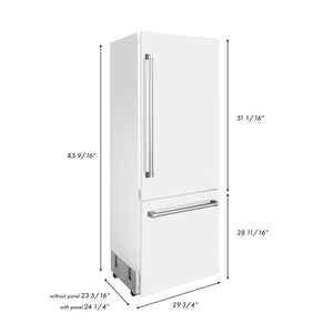 ZLINE 30 in. 16.1 cu. ft. Built-In 2-Door Bottom Freezer Refrigerator with Internal Water and Ice Dispenser in White Matte (RBIV-WM-30)