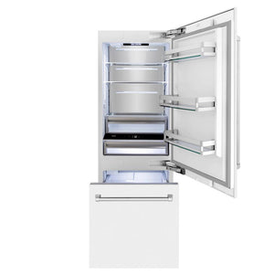 ZLINE 30 in. 16.1 cu. ft. Built-In Bottom Freezer Refrigerator with Water Dispenser and Ice Maker in White Matte (RBIV-WM-30) front, open.