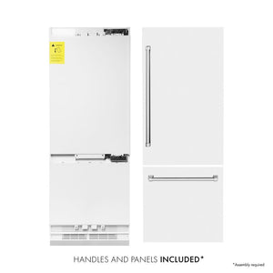 ZLINE 30 in. 16.1 cu. ft. Built-In Bottom Freezer Refrigerator with Water Dispenser and Ice Maker in White Matte (RBIV-WM-30) front. Next to panels and handles.