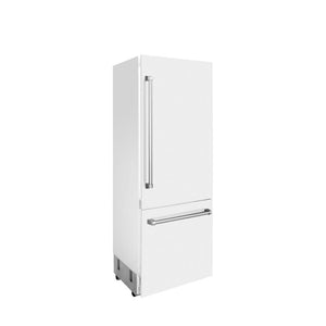 ZLINE 30 in. 16.1 cu. ft. Built-In 2-Door Bottom Freezer Refrigerator with Internal Water and Ice Dispenser in White Matte (RBIV-WM-30) side, closed.