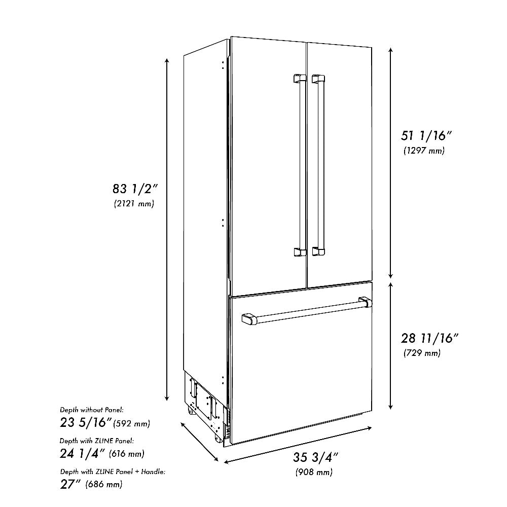 ZLINE 36 in. 19.6 cu. ft. Built-in 3-Door French Door Refrigerator with Internal Water and Ice Dispenser in White Matte (RBIV-WM-36) dimensional diagram with measurements.