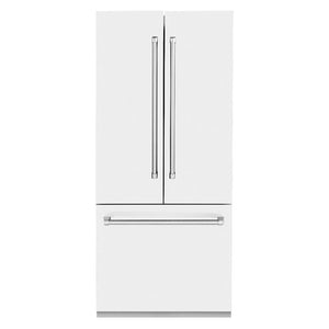 ZLINE 36 in. 19.6 cu. ft. Built-in 3-Door French Door Refrigerator with Internal Water and Ice Dispenser in White Matte (RBIV-WM-36) front, closed.