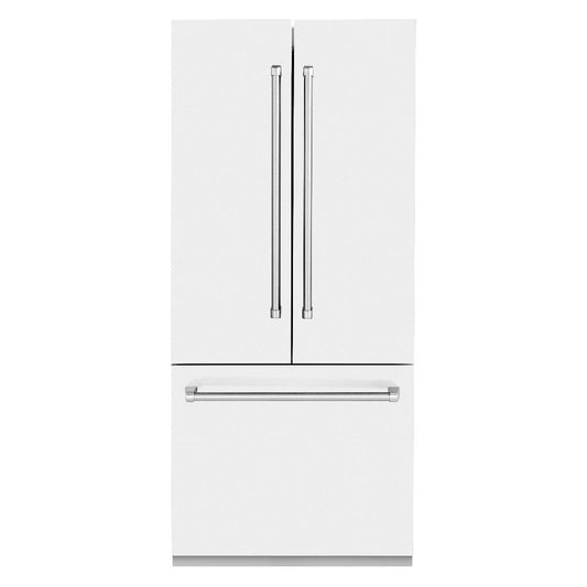 ZLINE 36 in. 19.6 cu. ft. Built-in 3-Door French Door Refrigerator with Internal Water and Ice Dispenser in White Matte (RBIV-WM-36) front, closed.