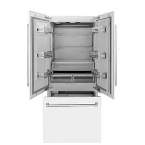 ZLINE 36 in. 19.6 cu. ft. French Door Built-In Bottom Freezer Refrigerator with Water Dispenser and Ice Maker in White Matte (RBIV-WM-36) front, open.