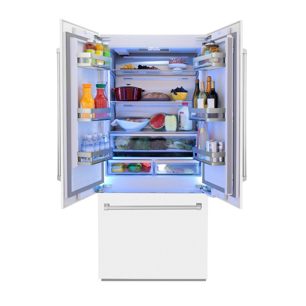 ZLINE 36 in. 19.6 cu. ft. Built-In 3-Door French Door Refrigerator with Internal Water and Ice Dispenser in White Matte (RBIV-WM-36) front, open, with food inside refrigeration compartment.