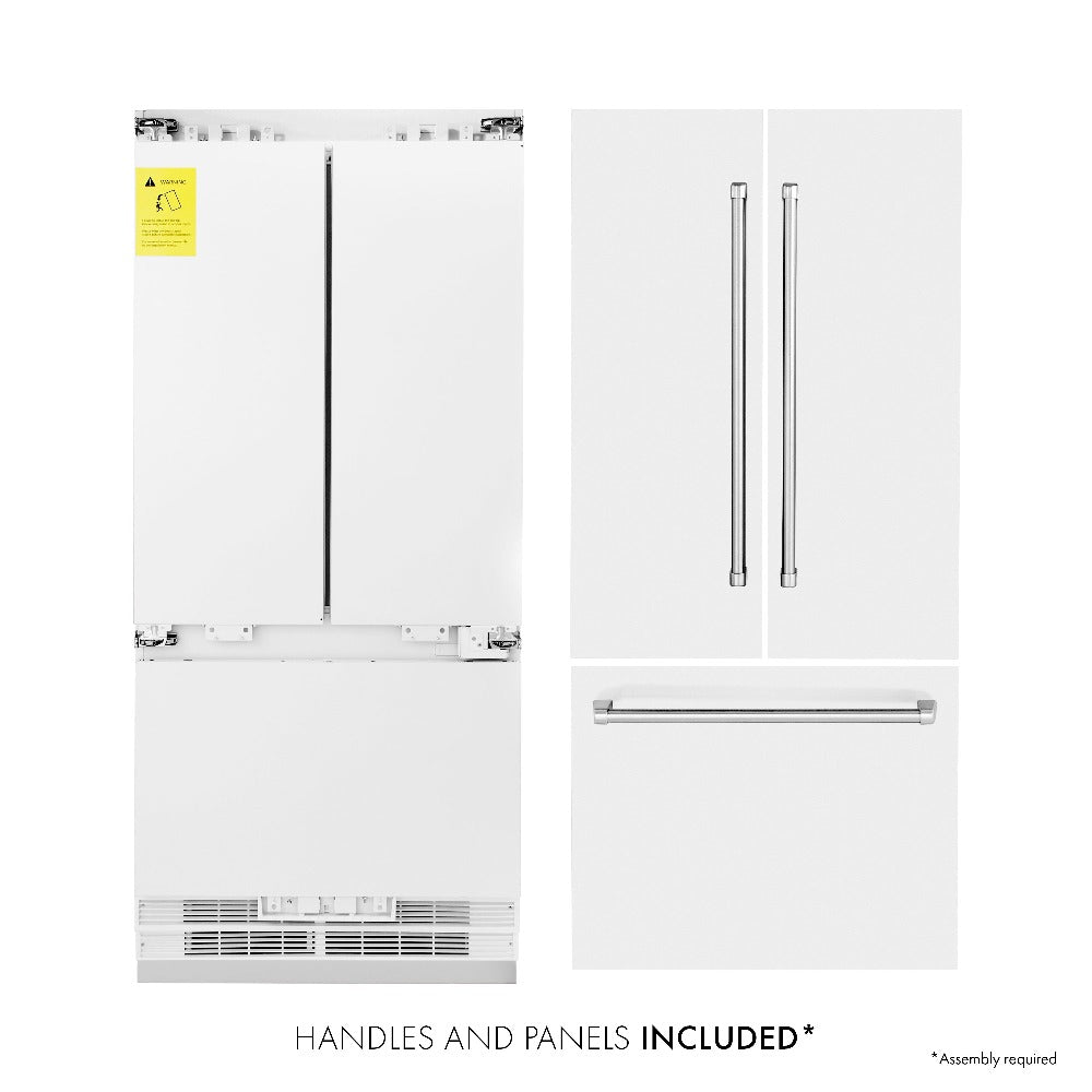 ZLINE 36 in. 19.6 cu. ft. Built-in 3-Door French Door Refrigerator with Internal Water and Ice Dispenser in White Matte (RBIV-WM-36) front, refrigeration unit next to panels and handles. Text: Handles and Panels Included.