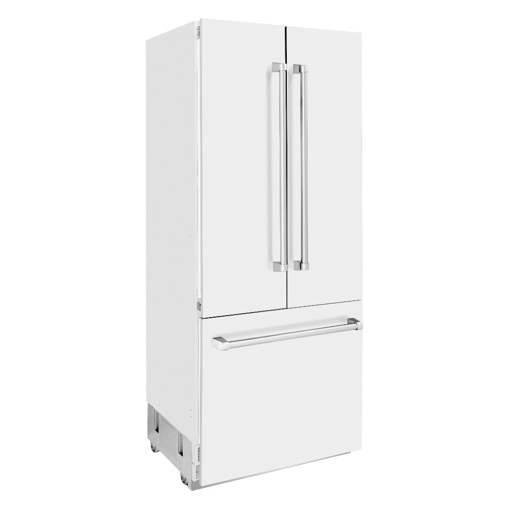 ZLINE 36 in. 19.6 cu. ft. Built-in 3-Door French Door Refrigerator with Internal Water and Ice Dispenser in White Matte (RBIV-WM-36) side, closed.