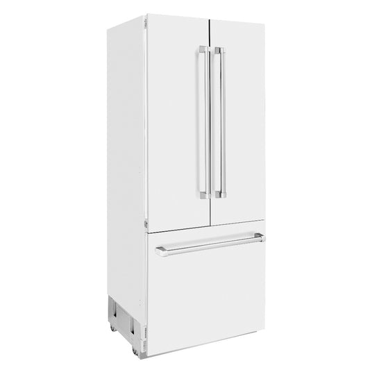 ZLINE 36 in. 19.6 cu. ft. Built-in 3-Door French Door Refrigerator with Internal Water and Ice Dispenser in White Matte (RBIV-WM-36) side, closed.