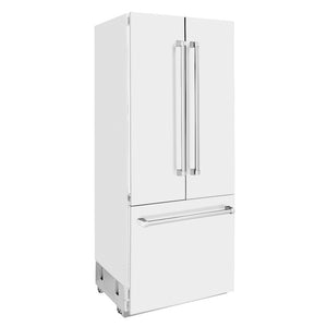 ZLINE 36 in. 19.6 cu. ft. Built-in 3-Door French Door Refrigerator with Internal Water and Ice Dispenser in White Matte (RBIV-WM-36) side, closed.