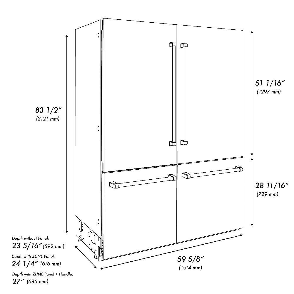 ZLINE 60 in. 32.2 cu. ft. Built-in 4-Door French Door Refrigerator with Internal Water and Ice Dispenser in White Matte (RBIV-WM-60) dimensional diagram with measurements.