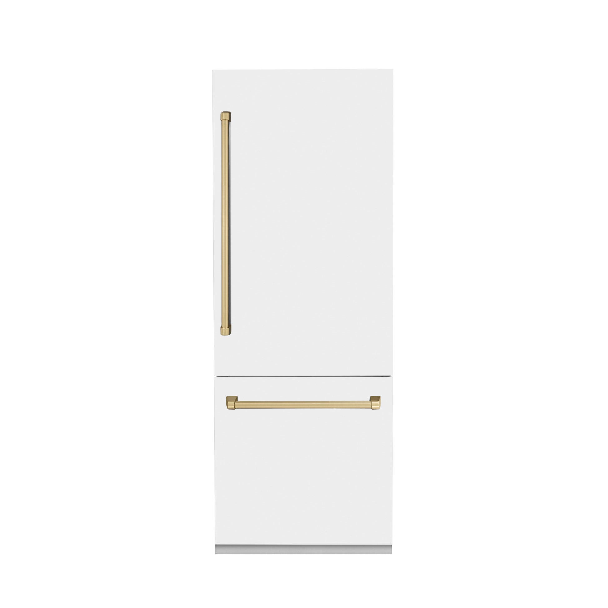 ZLINE Autograph Edition 30 in. 16.1 cu. ft. Built-in 2-Door Bottom Freezer Refrigerator with Internal Water and Ice Dispenser in White Matte with Champagne Bronze Accents (RBIVZ-WM-30-CB) front, closed.