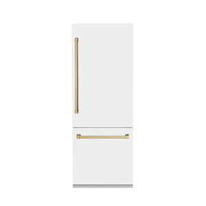 ZLINE Autograph Edition 30 in. 16.1 cu. ft. Built-in 2-Door Bottom Freezer Refrigerator with Internal Water and Ice Dispenser in White Matte with Champagne Bronze Accents (RBIVZ-WM-30-CB) front, closed.