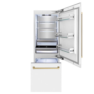 ZLINE Autograph Edition 30 in. 16.1 cu. ft. Built-In Bottom Freezer Refrigerator with Water Dispenser and Ice Maker in White Matte with Champagne Bronze Accents (RBIVZ-WM-30-CB) front, open.