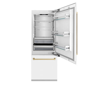 ZLINE Autograph Edition 30 in. 16.1 cu. ft. Built-in 2-Door Bottom Freezer Refrigerator with Internal Water and Ice Dispenser in White Matte with Champagne Bronze Accents (RBIVZ-WM-30-CB) front, refrigeration compartment open.