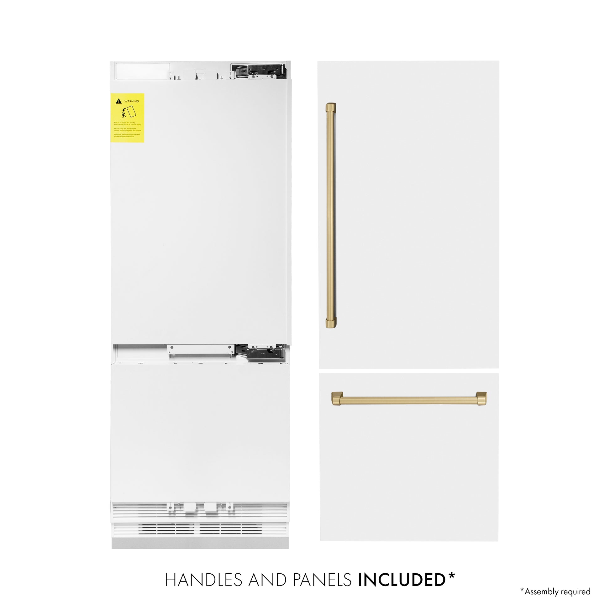 ZLINE Autograph Edition 30 in. 16.1 cu. ft. Built-in 2-Door Bottom Freezer Refrigerator with Internal Water and Ice Dispenser in White Matte with Champagne Bronze Accents (RBIVZ-WM-30-CB) front, refrigeration unit next to panels and handles. Text: Handles and Panels Included.