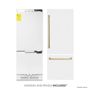 ZLINE Autograph Edition 30 in. 16.1 cu. ft. Built-in 2-Door Bottom Freezer Refrigerator with Internal Water and Ice Dispenser in White Matte with Champagne Bronze Accents (RBIVZ-WM-30-CB) front, refrigeration unit next to panels and handles. Text: Handles and Panels Included.