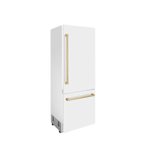 ZLINE Autograph Edition 30 in. 16.1 cu. ft. Built-in 2-Door Bottom Freezer Refrigerator with Internal Water and Ice Dispenser in White Matte with Champagne Bronze Accents (RBIVZ-WM-30-CB)