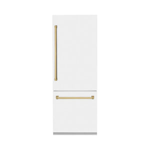 ZLINE Autograph Edition 30 in. 16.1 cu. ft. Built-In Bottom Freezer Refrigerator with Water Dispenser and Ice Maker in White Matte with Polished Gold Accents (RBIVZ-WM-30-G) main image.