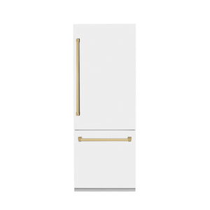 ZLINE Autograph Edition 30 in. 16.1 cu. ft. Built-in 2-Door Bottom Freezer Refrigerator with Internal Water and Ice Dispenser in White Matte with Polished Gold Accents (RBIVZ-WM-30-G)